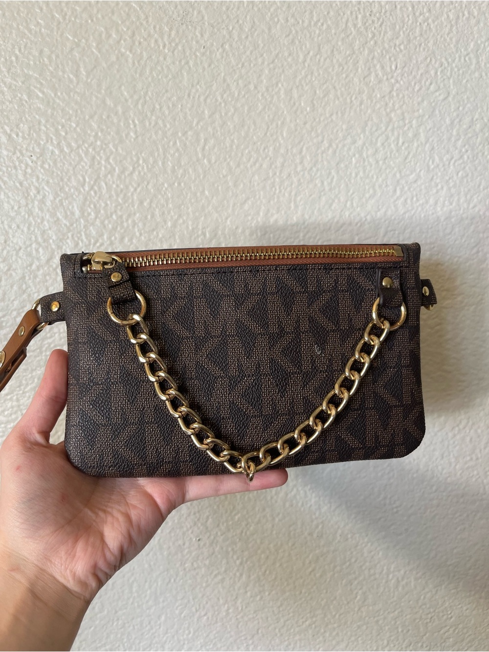 Michael Kors Brown Monogram Chain Wristlet with Gold Hardware - Picture 3 of 7